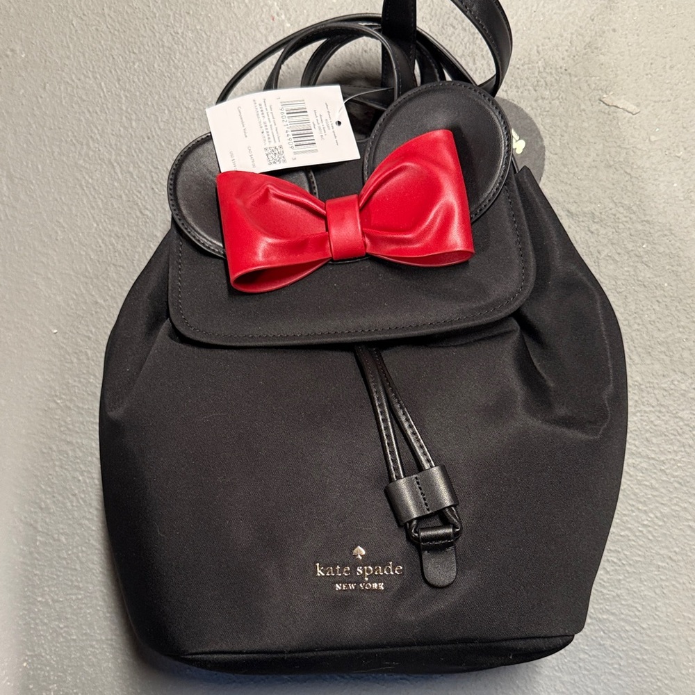 kate spade black backpack with red bow and ear detail